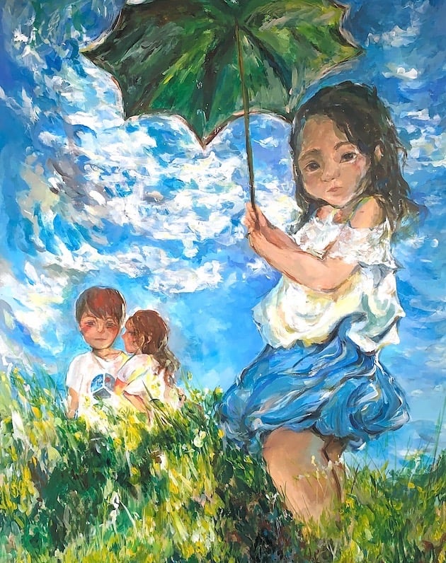 Cupid with an umbrella.